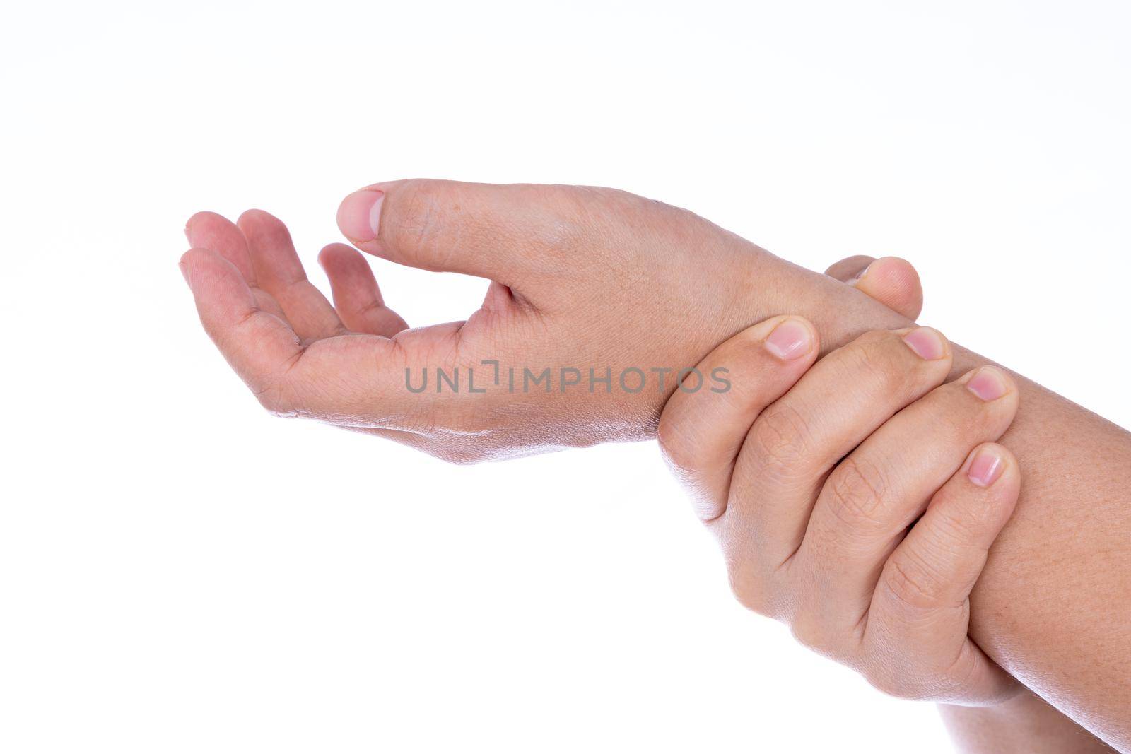 Woman hand holding her wrist isolated white background. Medical, healthcare for advertising concept.
