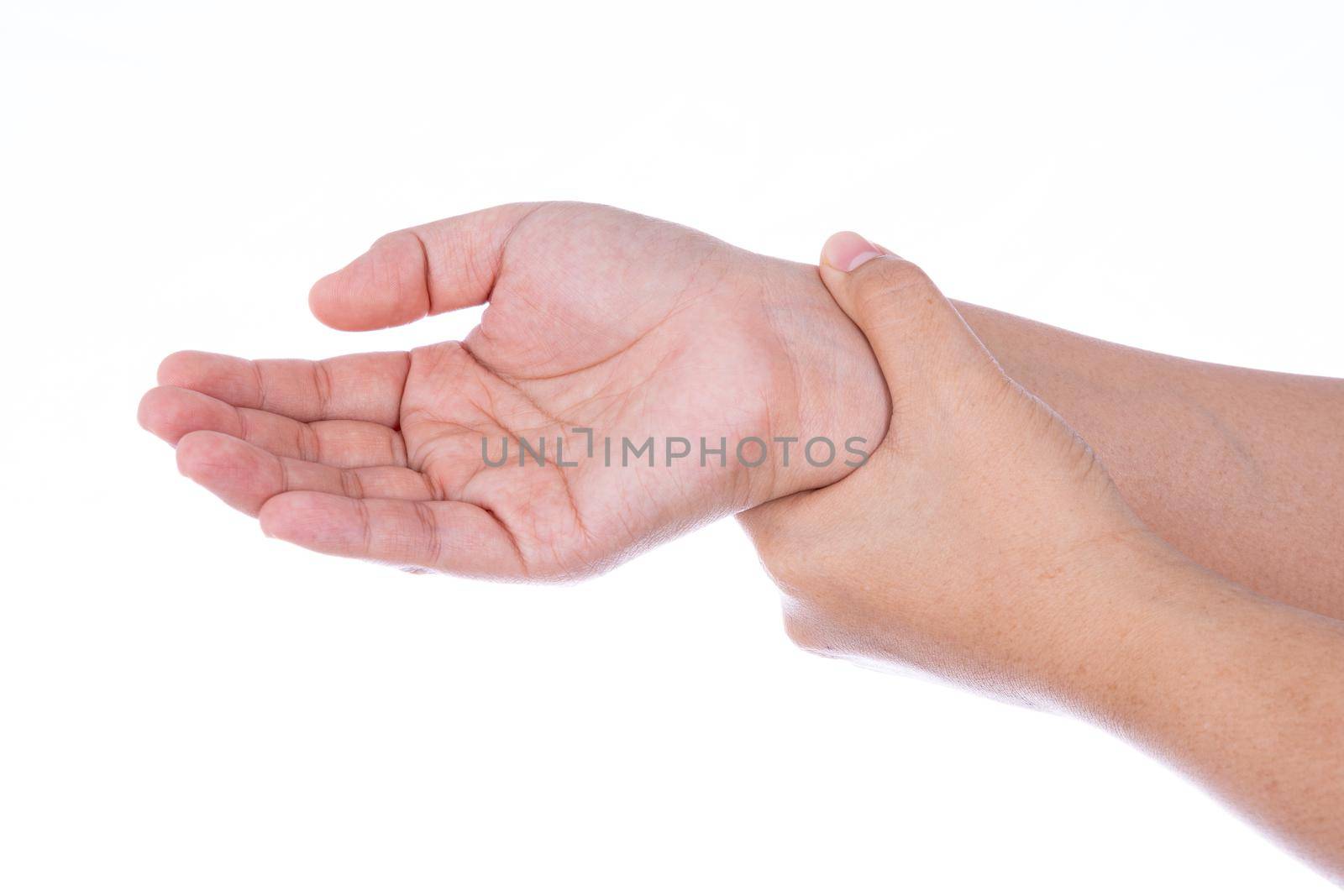 Woman hand holding her wrist isolated white background. Medical, healthcare for advertising concept. by mikesaran