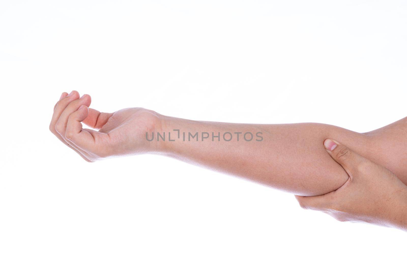 Woman hand holding her elbow isolated white background. Medical, healthcare for advertising concept.