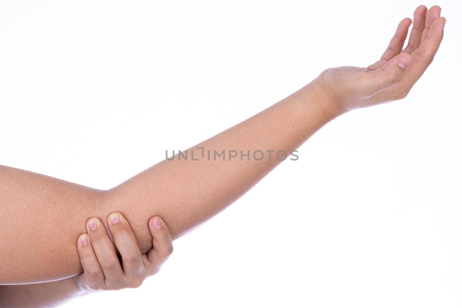 Woman hand holding her elbow isolated white background. Medical, healthcare for advertising concept. by mikesaran
