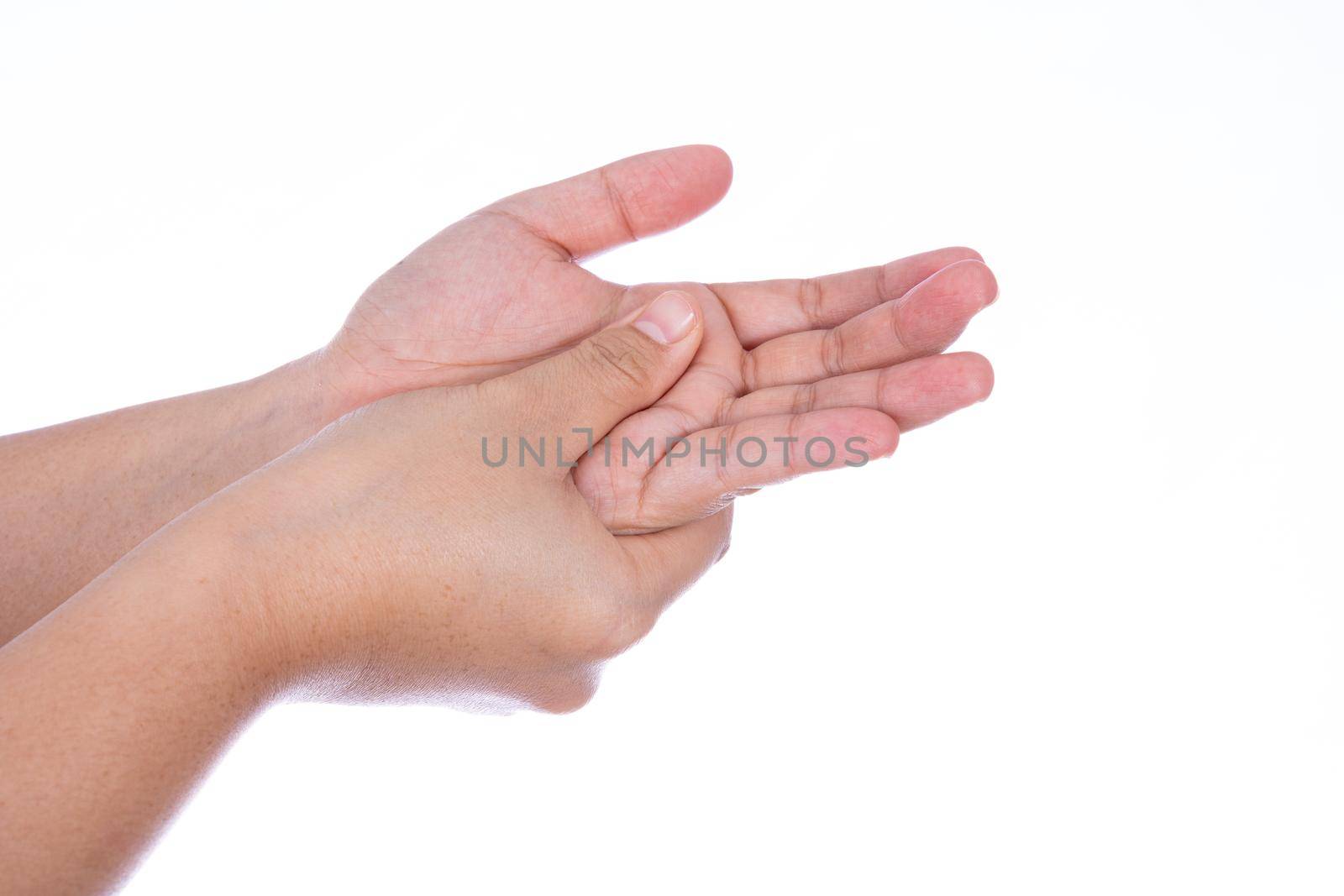 Man hand massaging her hand isolated white background. Medical, healthcare for advertising concept.