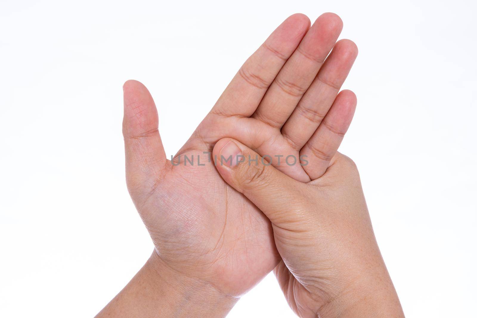 Man hand massaging her hand isolated white background. Medical, healthcare for advertising concept. by mikesaran