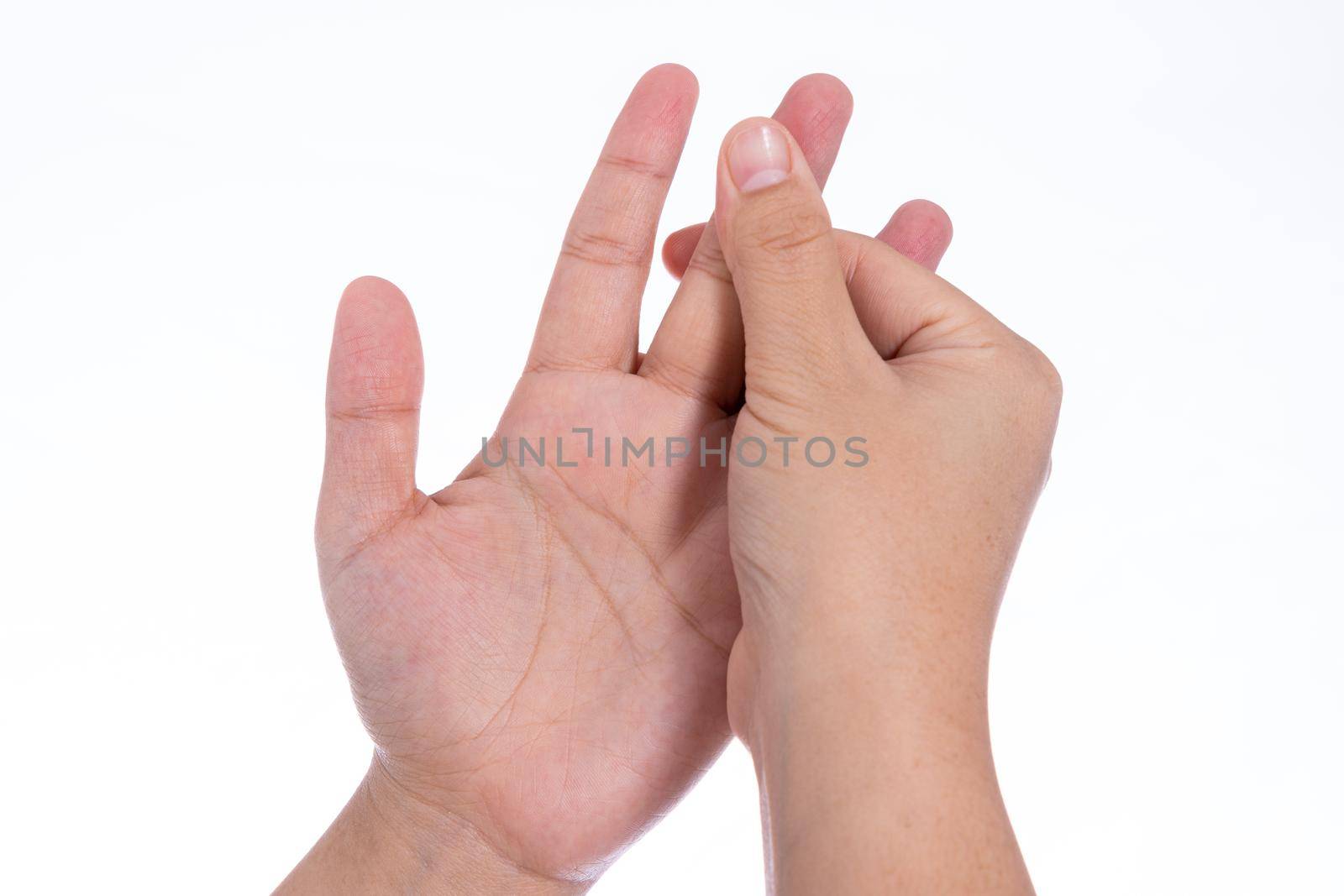 Man hand massaging her fingers isolated white background. Medical, healthcare for advertising concept. by mikesaran