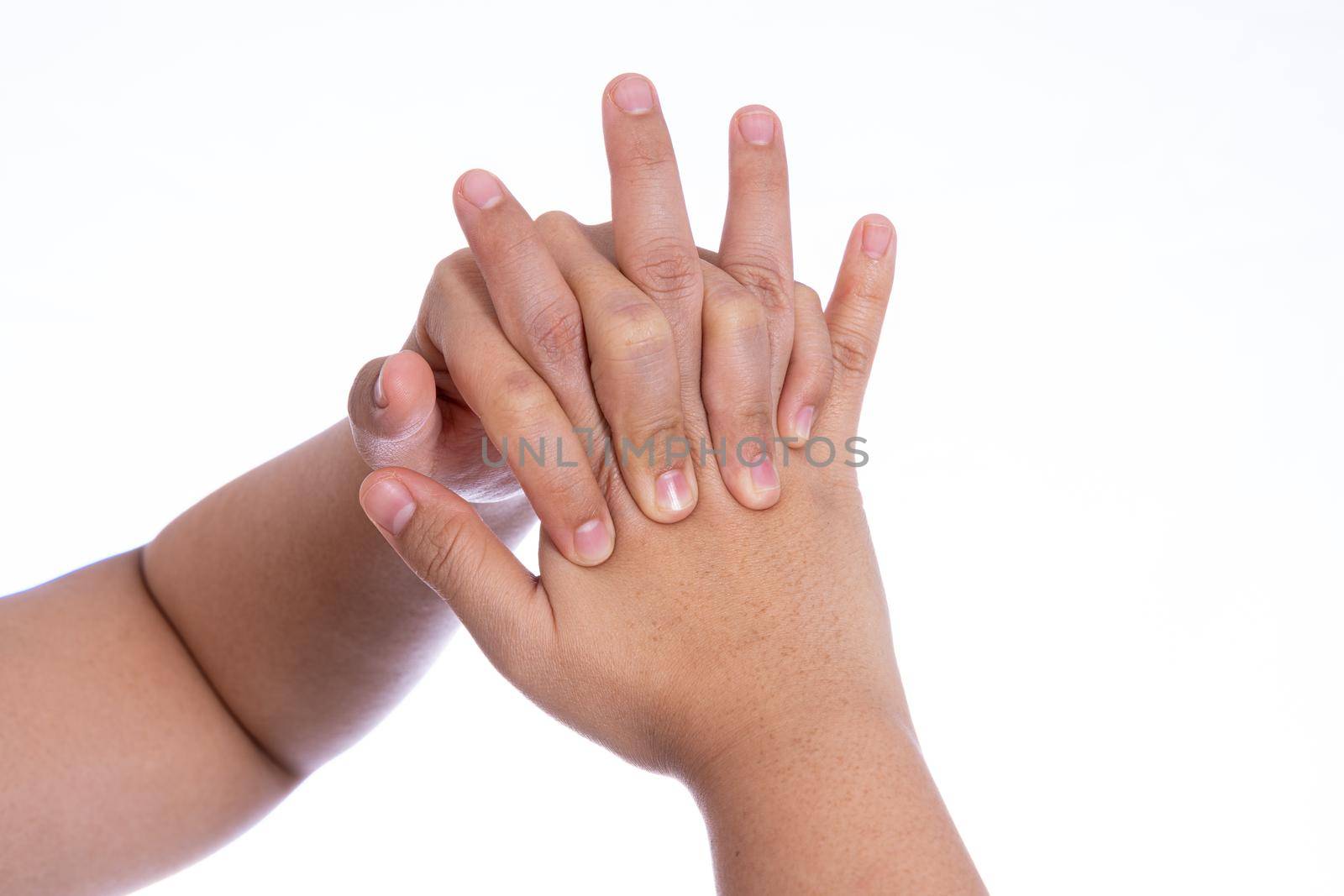 Woman hand massaging her hand and fingers isolated white background. Medical, healthcare for advertising concept. by mikesaran