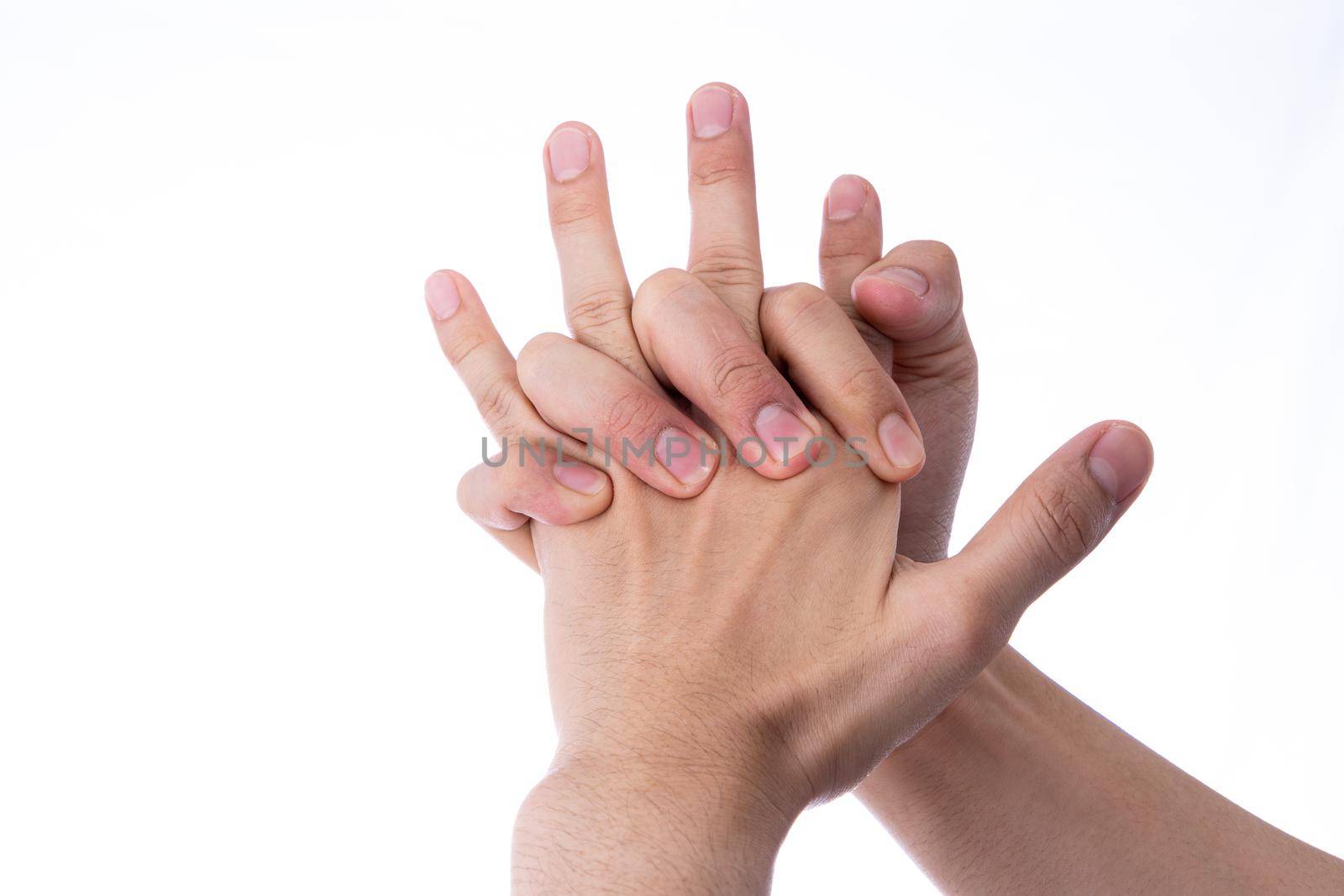 Man hand massaging his hand and fingers isolated white background. Medical, healthcare for advertising concept.