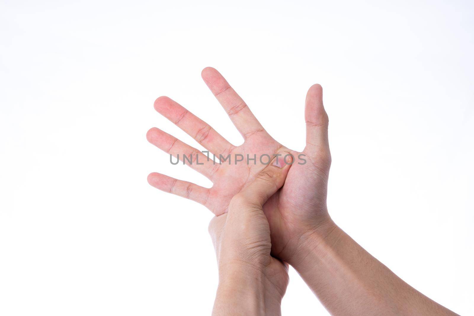 Man hand massaging his hand isolated white background. Medical, healthcare for advertising concept. by mikesaran