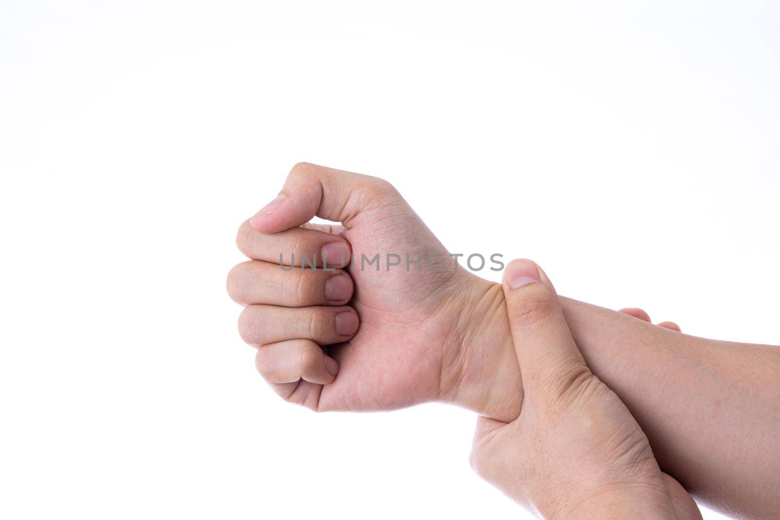 Man hand holding his wrist isolated white background. Medical, healthcare for advertising concept. by mikesaran