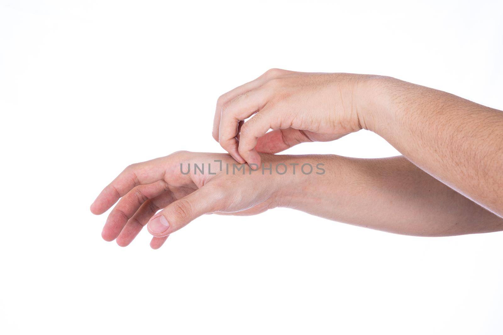 Man hand scratching his hand isolated white background. Medical, healthcare for advertising concept.