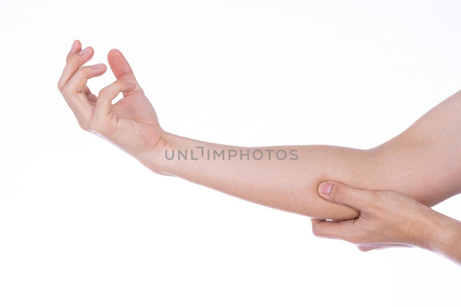 Man hand holding his elbow isolated white background. Medical, healthcare for advertising concept. by mikesaran