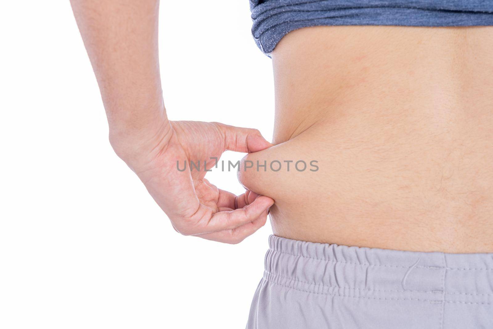 Fat man holding excessive fat belly, overweight fatty belly isolated white background. Diet lifestyle, weight loss, stomach muscle, healthy concept. by mikesaran