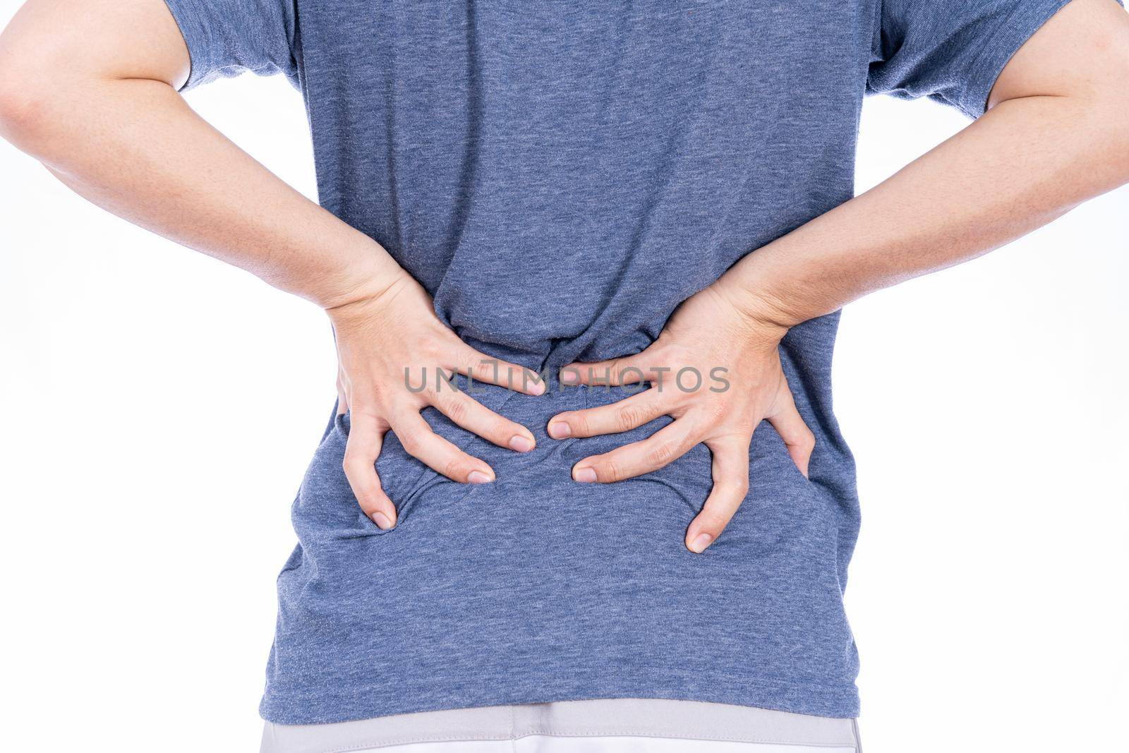 Man suffering from waist and back pain isolated white background. Health care and medical concept. by mikesaran