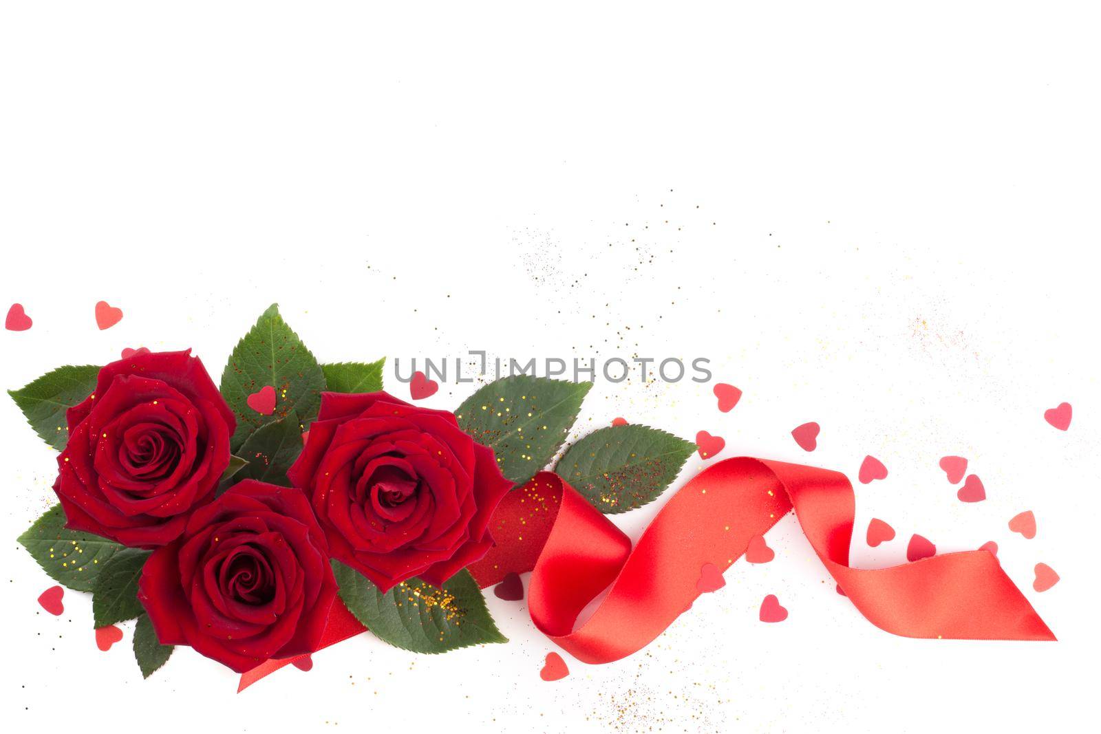 Red rose flowers and hearts on white by destillat