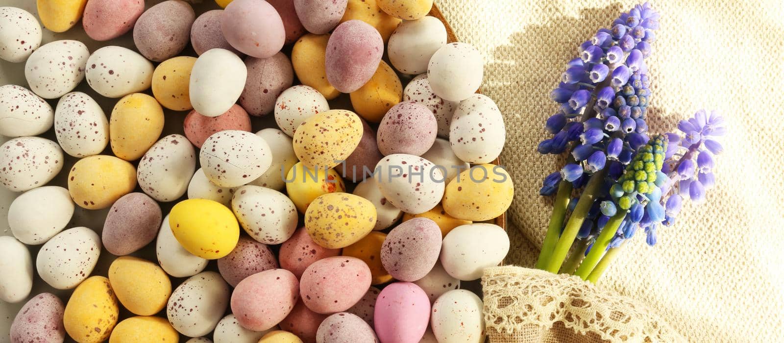 Spring Easter background with ester eggs and spring blue flowers