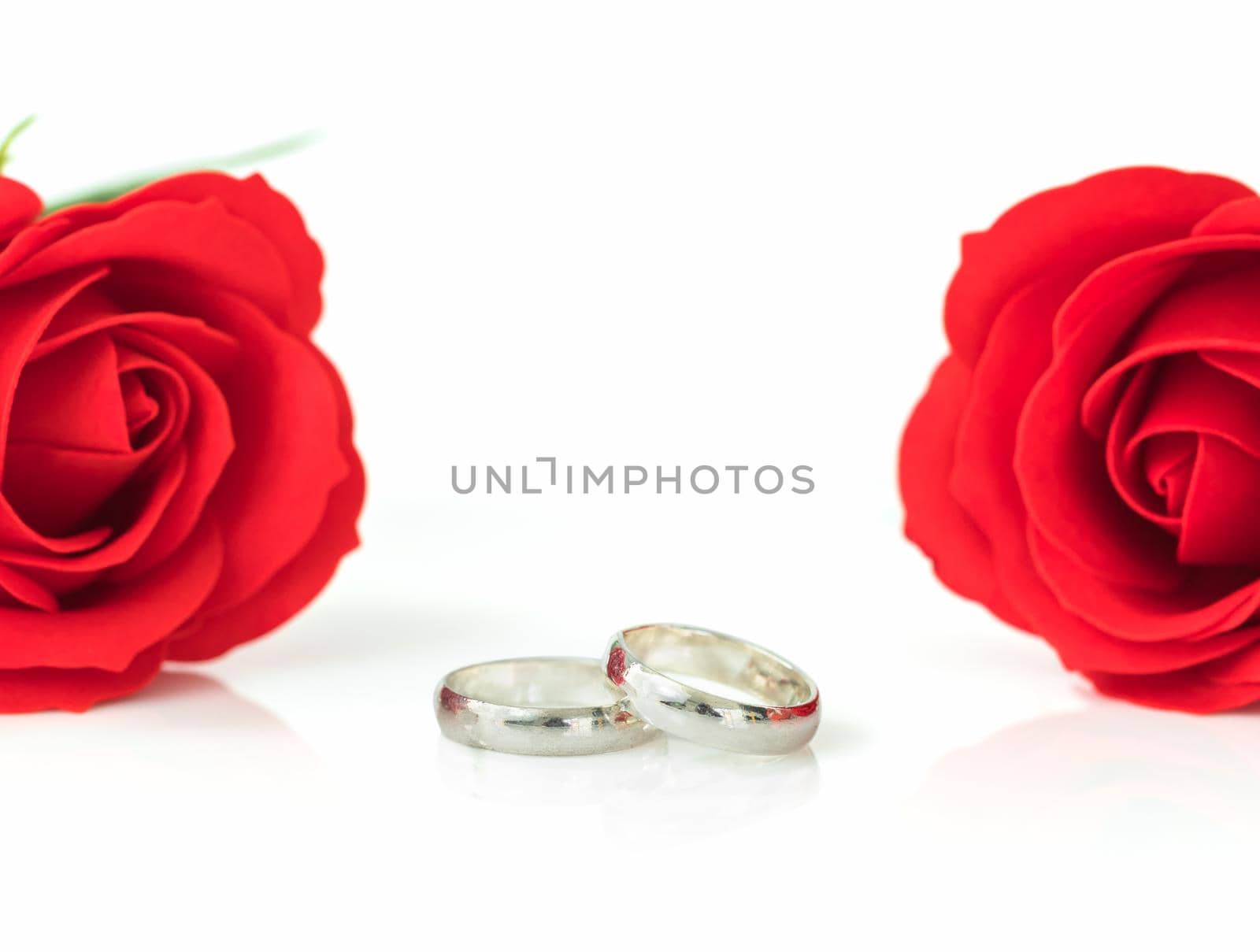 Close up red rose and wedding ring on white background, Wedding concept with roses and ring