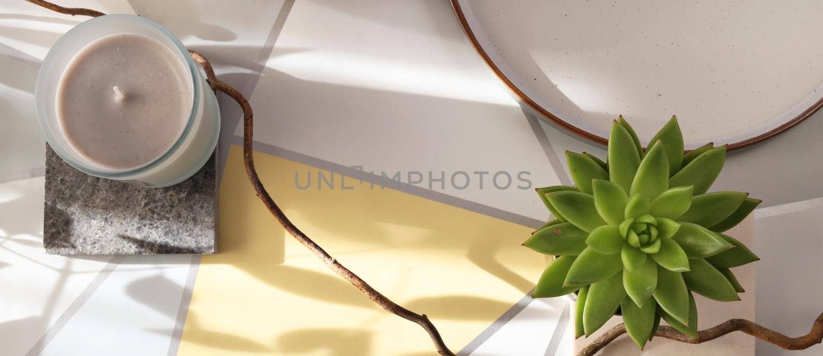 workplace, home plant, candle on pastel background. Horizontal flat lay