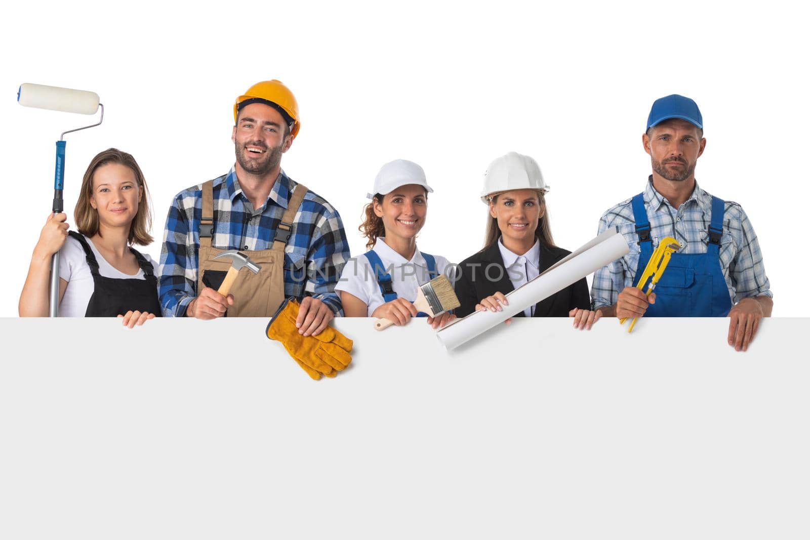 Group of industrial workers with blank banner. Isolated over white background.