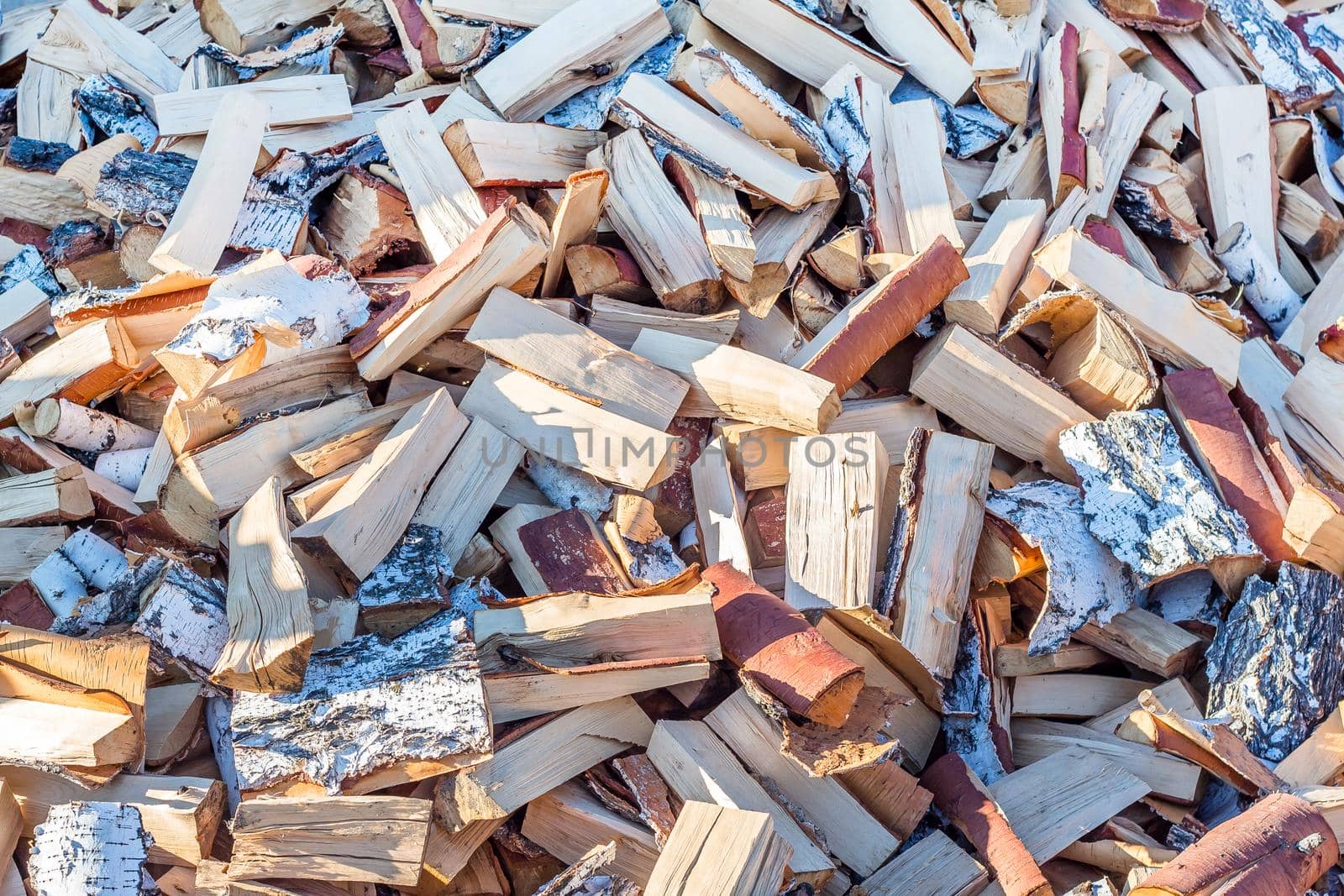 A pile of chopped birch wood. Firewood and biofuels