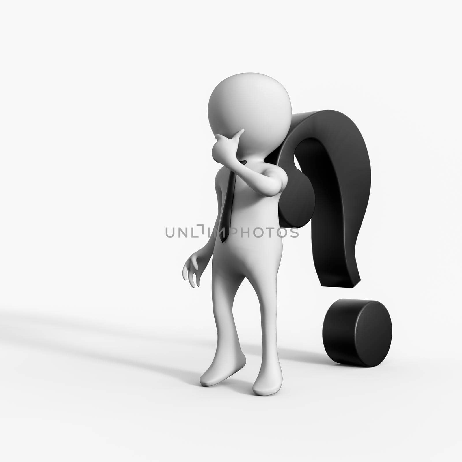 3d thinking man supporting a big question mark - 3d rendering