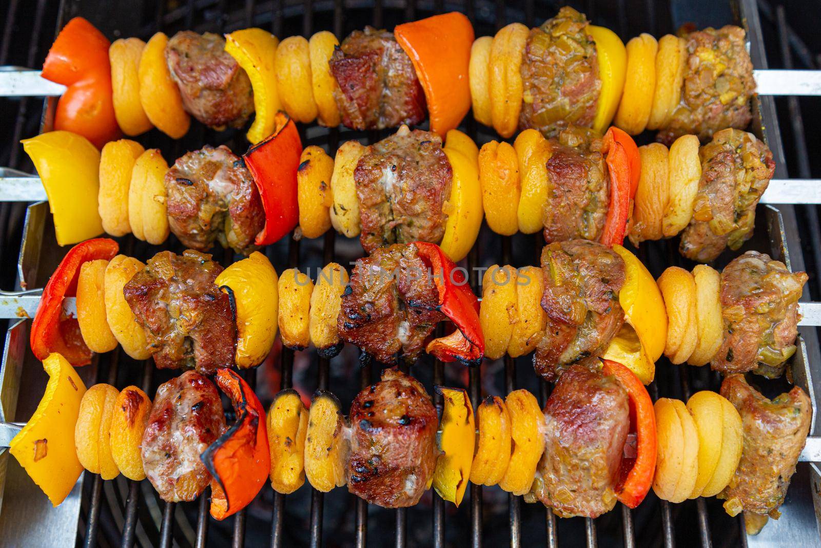 South African fillet of lamb with bell peppers and apricots on a skewer on the grill by mlechanteur