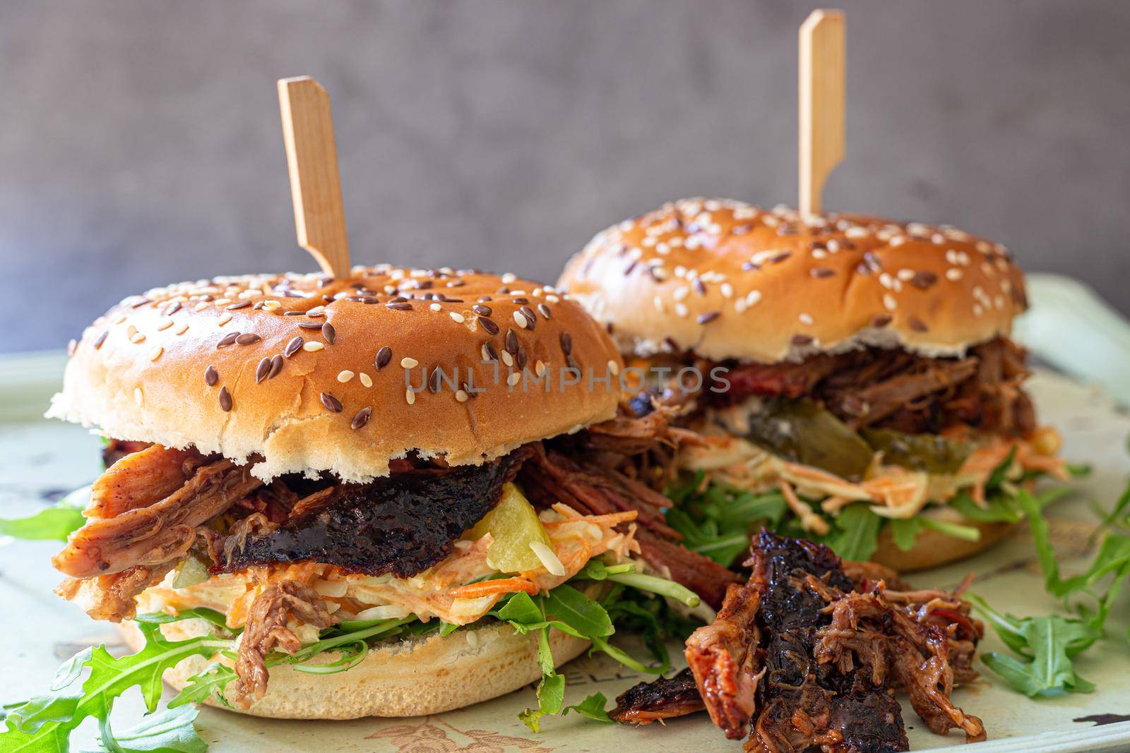 2 pulled pork burgers with sticks in it by mlechanteur