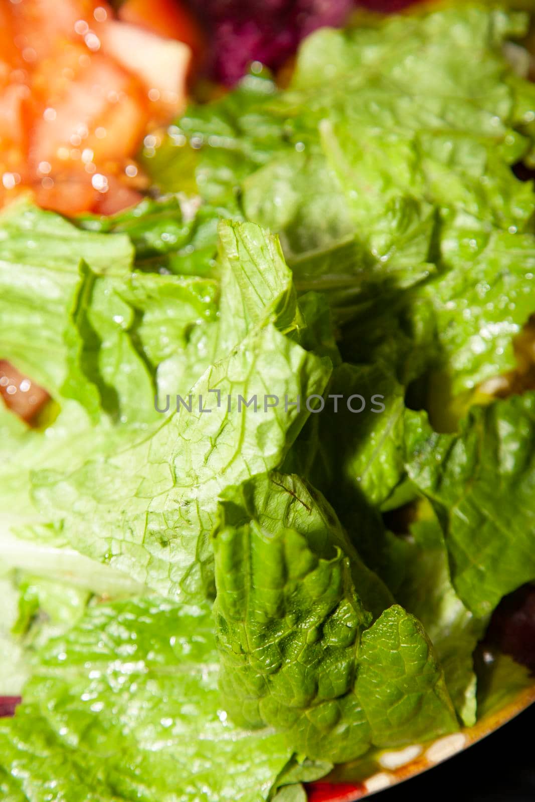 Fresh salad made from romaine lettuce and diced tomato