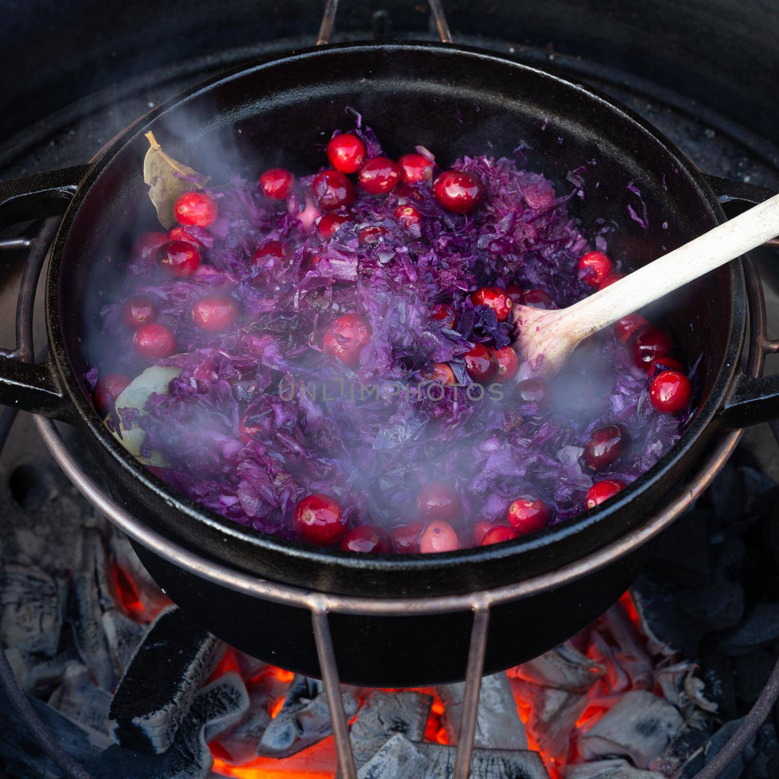 Making red cabbage in a dutch oven on a barbecue with fire beneath by mlechanteur