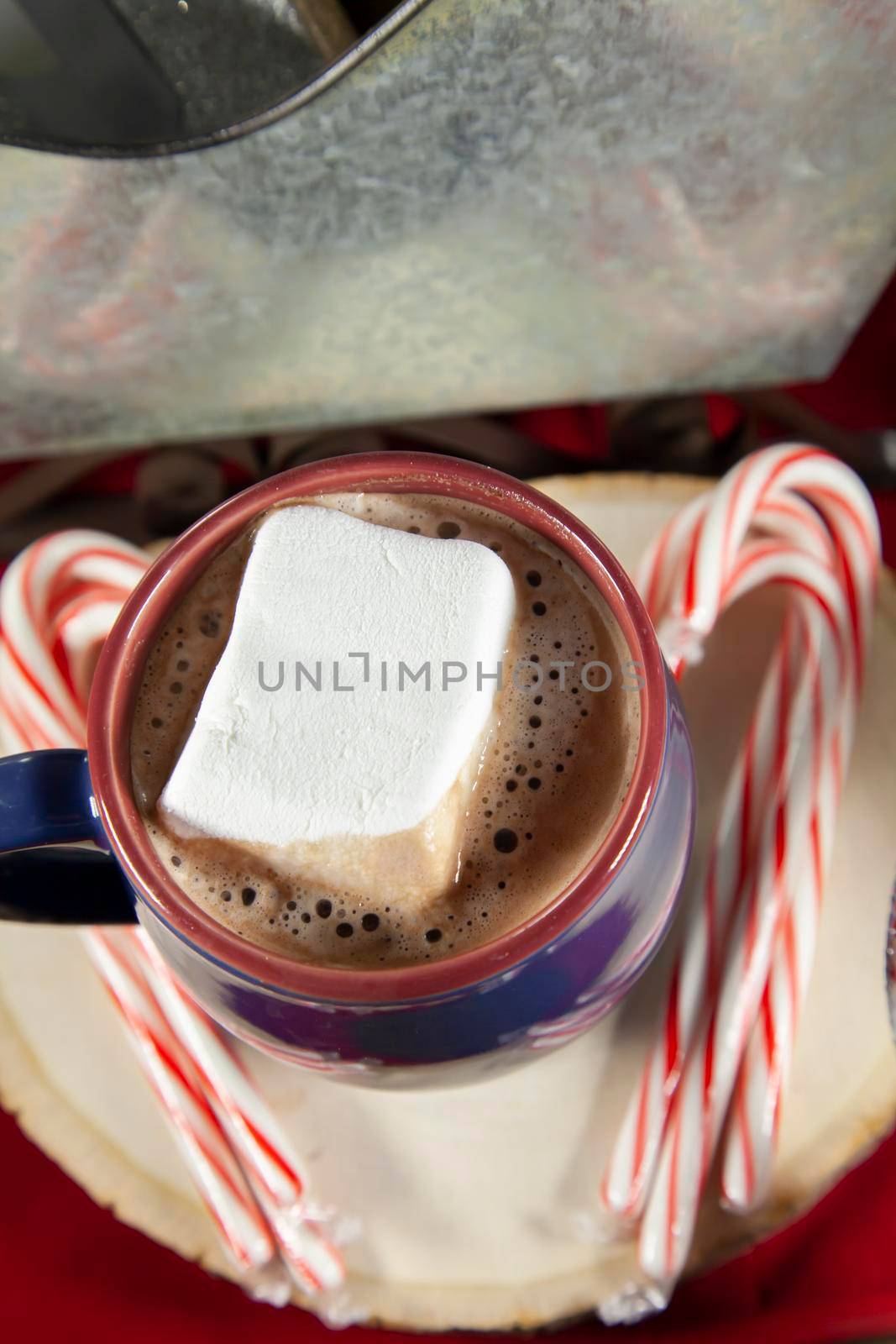 Blue and red mug filled with hot chocolate and a marshmallow, candy canes on a wooden stump, with a tin sleigh in the background