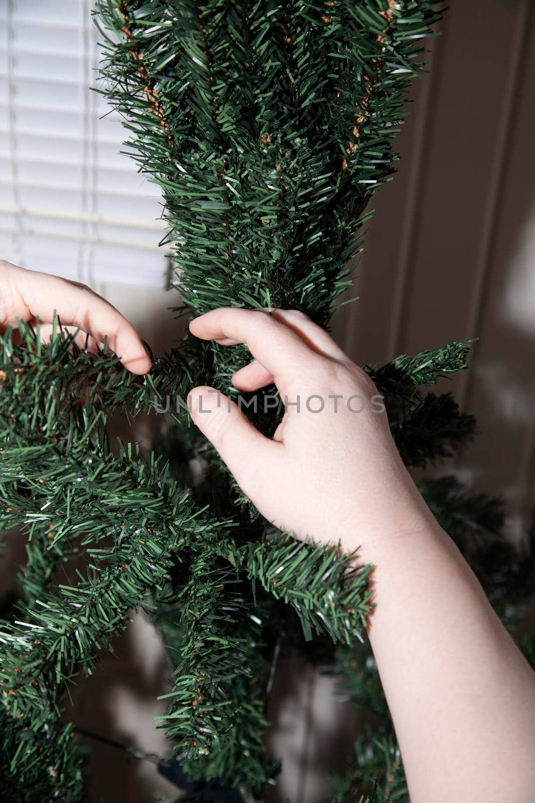 Woman shaping the limbs of an artificial green Christmas tree