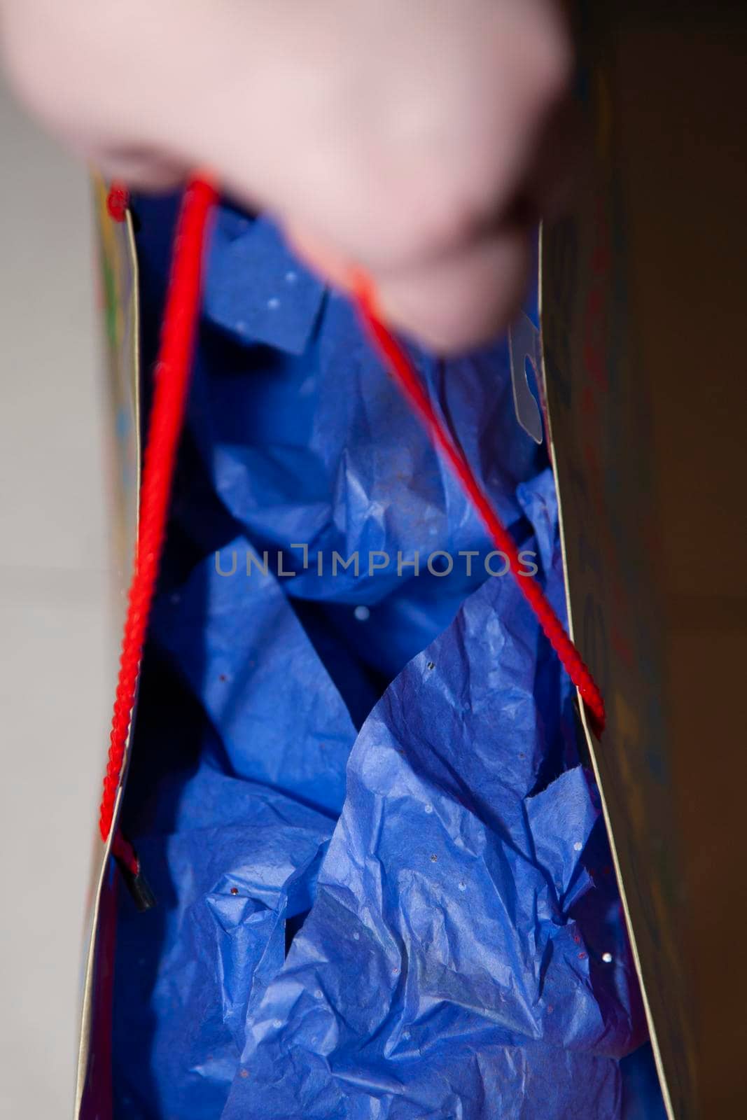 Woman's hand holding a gift bag filled with blue packing paper