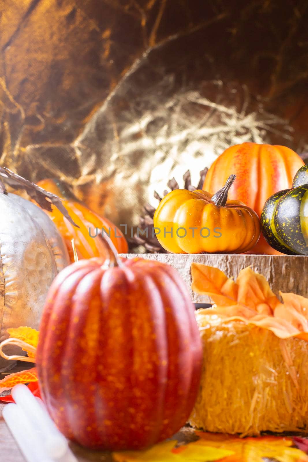 Small red pumpkin next to hay covered with leaves, orange pumpkins, orange squash, and a green squash on wood next to a silver pumpkin with a golden background