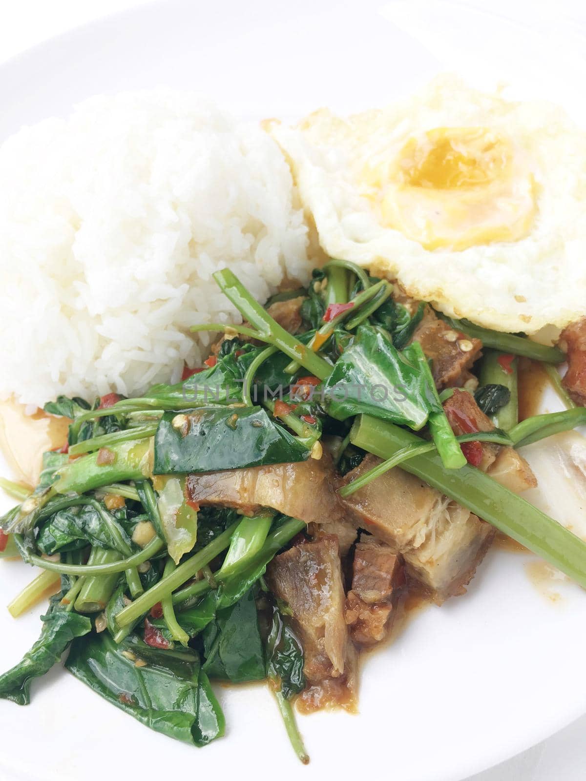 Stir-fried Crispy Pork with Kale and thai style fried egg in white plate on white background. Thai style fast food make by order. by NarinNonthamand