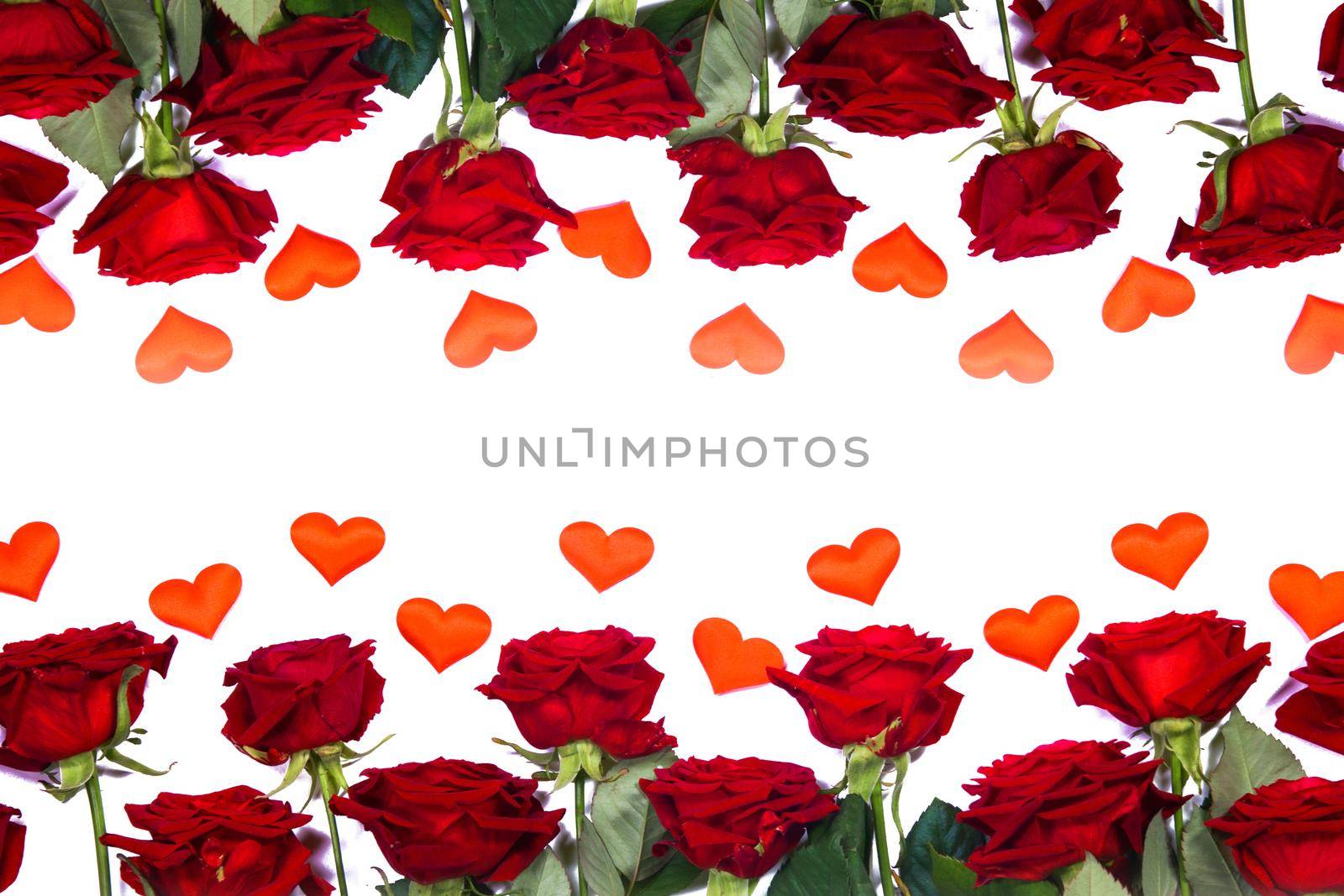 Red roses and hearts border frame isolated on white background, Valentine's Day