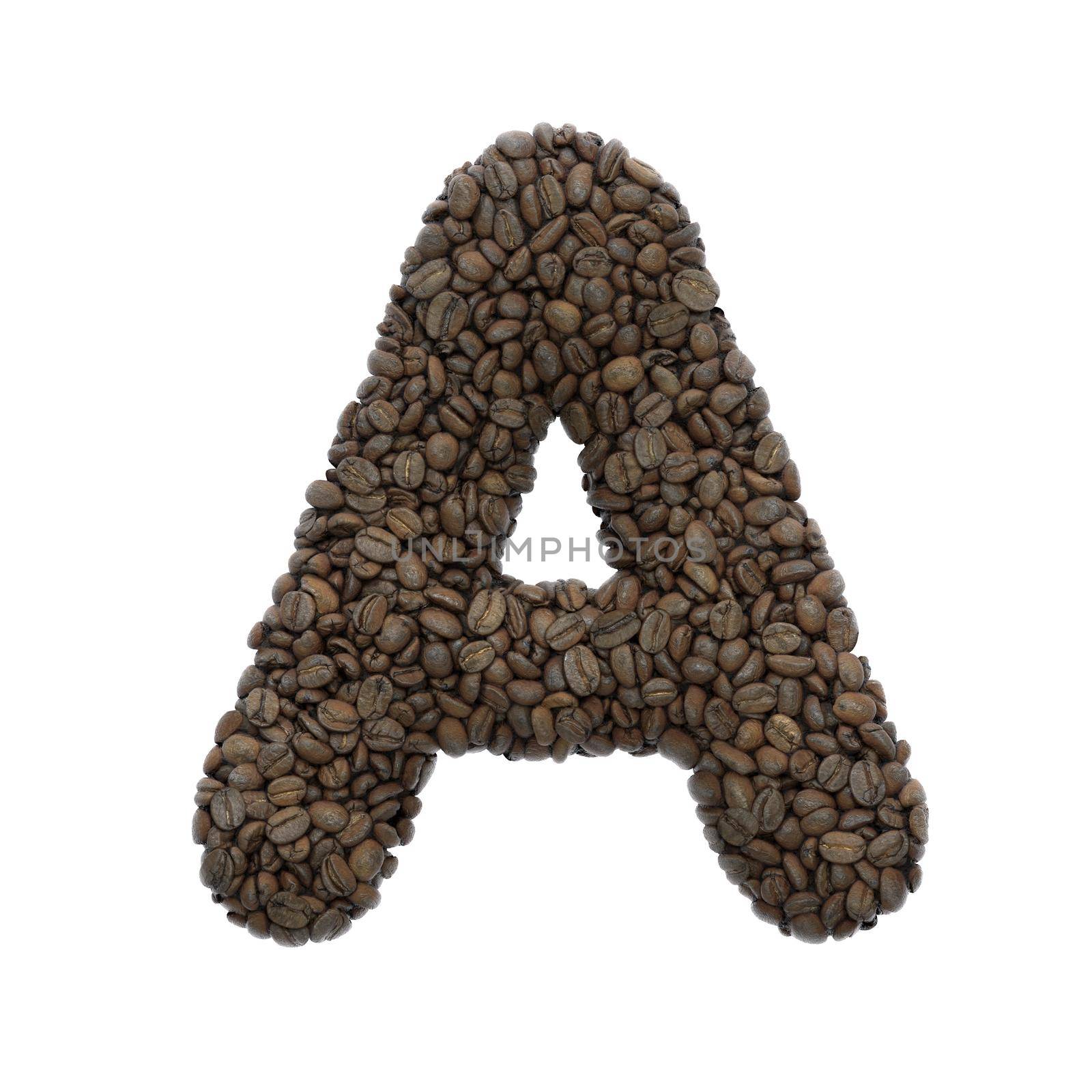 Coffee letter A - Capital 3d roasted beans font isolated on white background. This alphabet is perfect for creative illustrations related but not limited to Coffee, energy, insomnia...