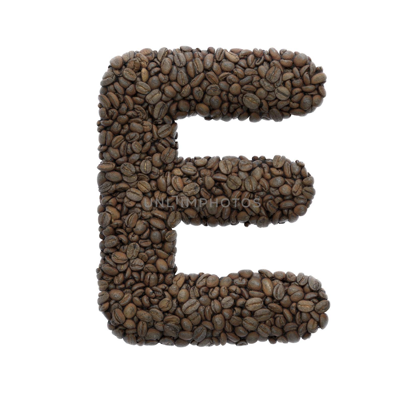 Coffee letter E - large 3d roasted beans font isolated on white background. This alphabet is perfect for creative illustrations related but not limited to Coffee, energy, insomnia...