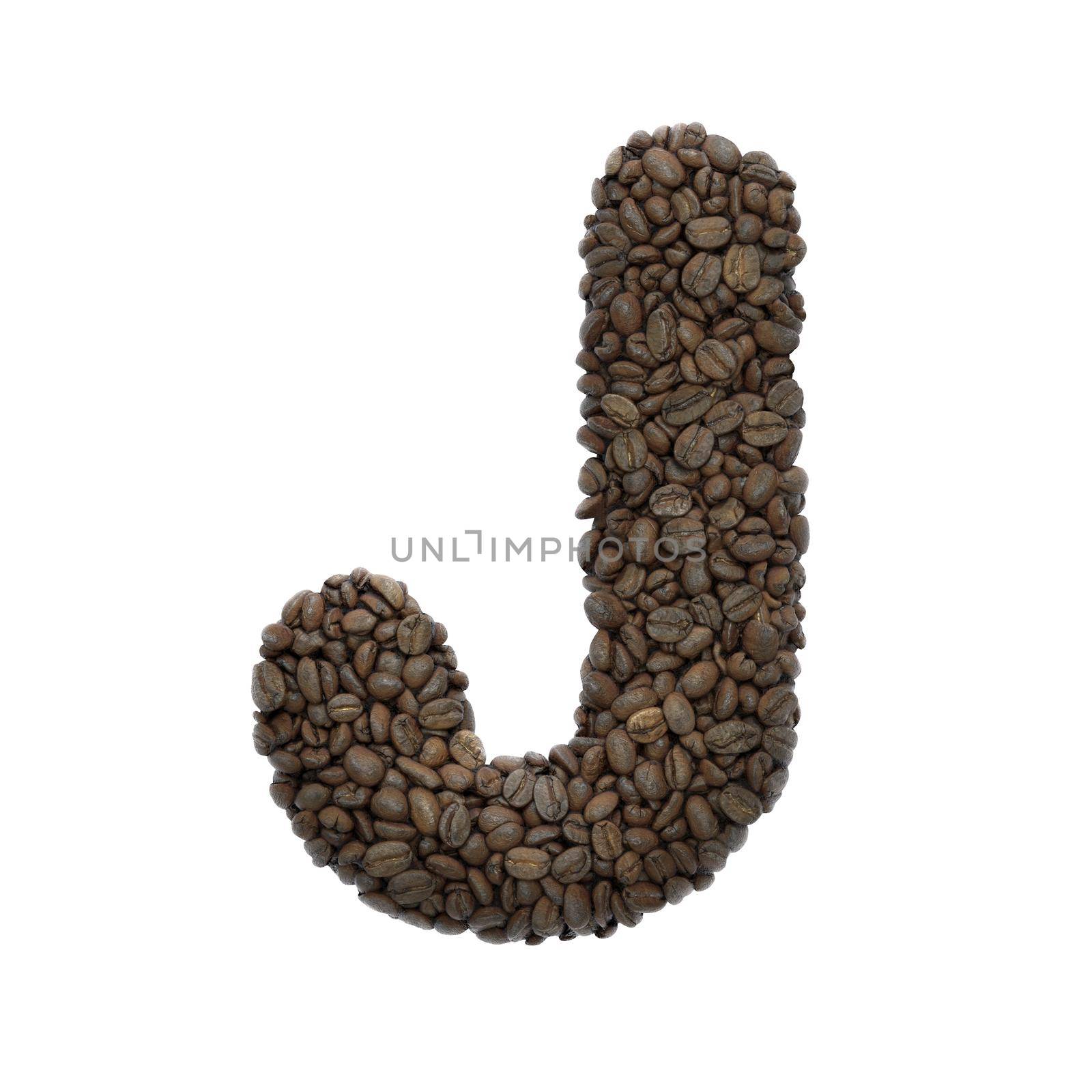 Coffee letter J - large 3d roasted beans font isolated on white background. This alphabet is perfect for creative illustrations related but not limited to Coffee, energy, insomnia...