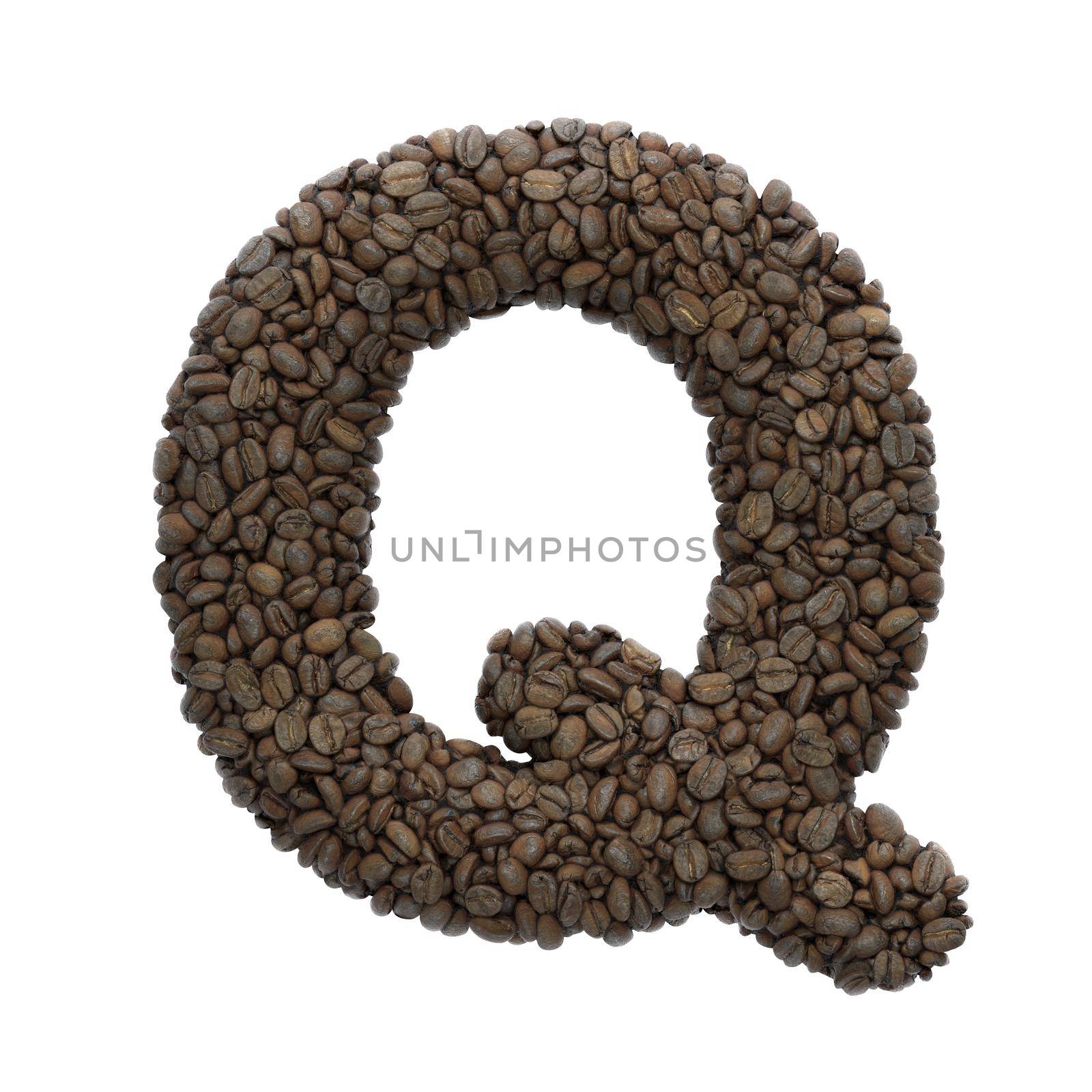 Coffee letter Q - large 3d roasted beans font isolated on white background. This alphabet is perfect for creative illustrations related but not limited to Coffee, energy, insomnia...