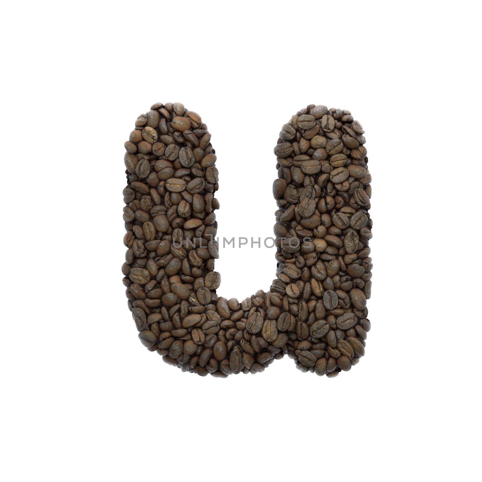 Coffee letter U - Small 3d roasted beans font isolated on white background. This alphabet is perfect for creative illustrations related but not limited to Coffee, energy, insomnia...