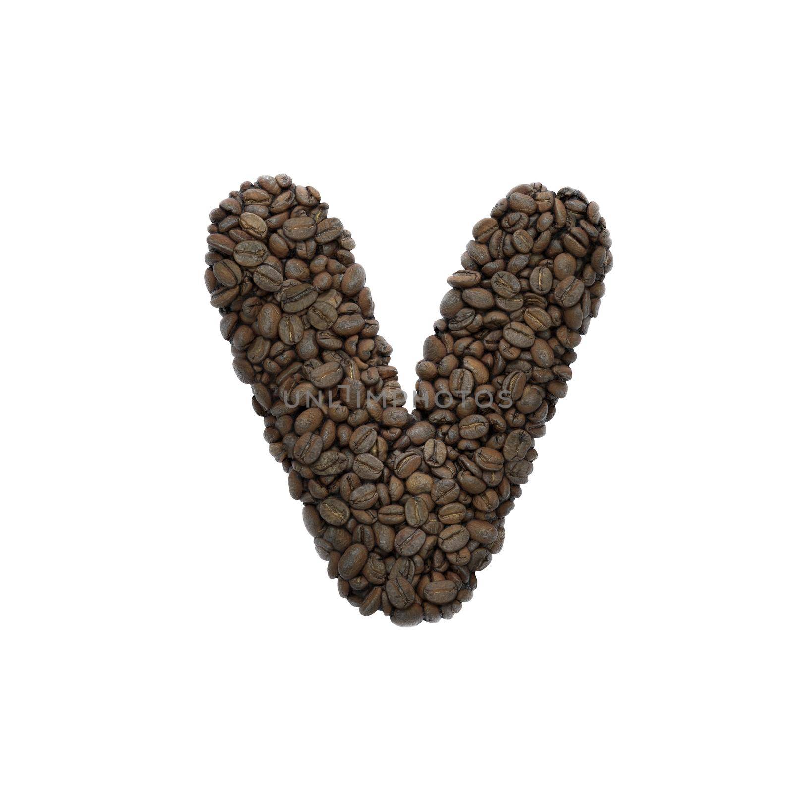 Coffee letter V - Small 3d roasted beans font isolated on white background. This alphabet is perfect for creative illustrations related but not limited to Coffee, energy, insomnia...