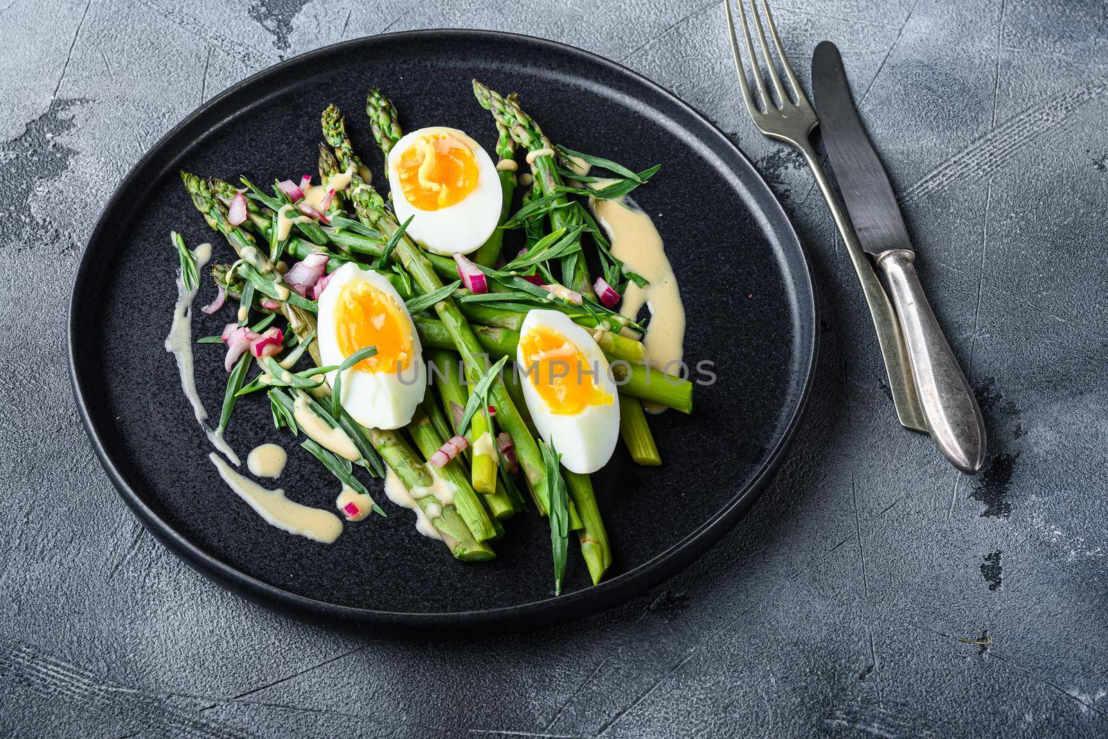 Asparagus with eggs and french dressing with dijon mustard, onion chopped in red vinegar taragon on grey textured background, side view