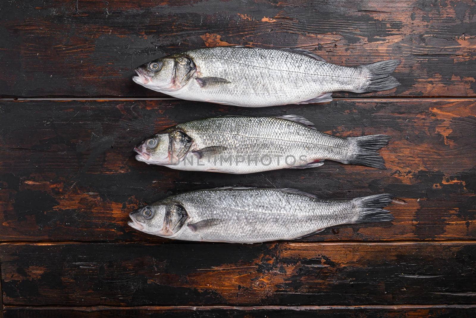 Seabass on old fisherman wooden table top view space for text