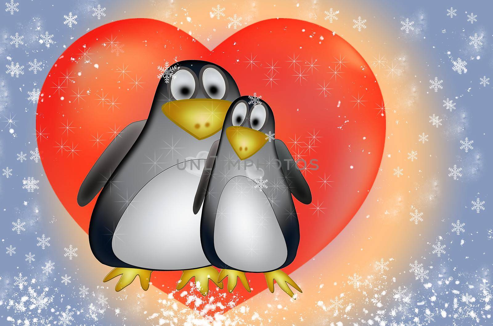 Two cute penguins in love. Bird couple and heart on snowflakes background. by KajaNi