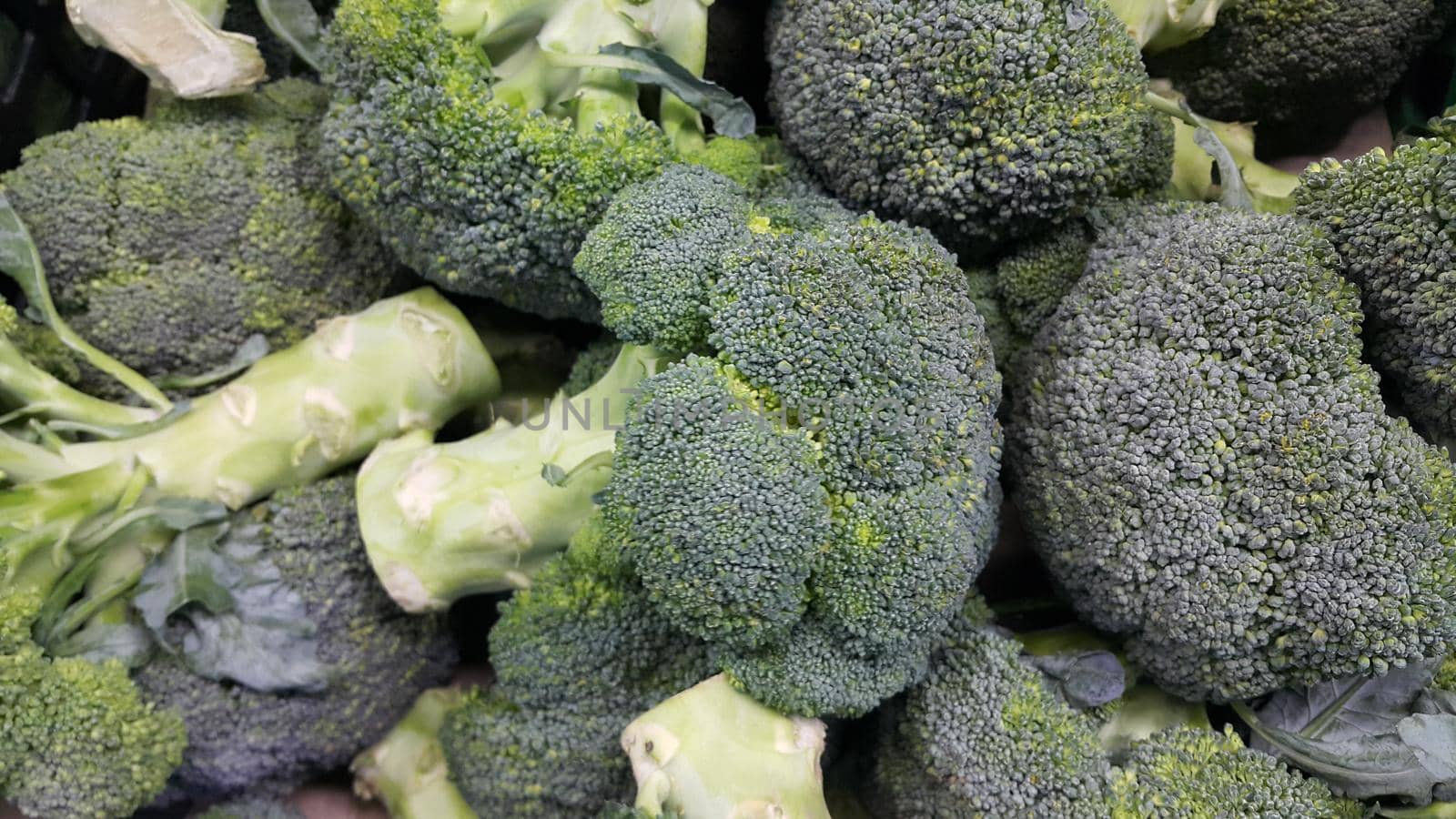 Green fresh broccoli pile placed in market for sale. A Close up top view