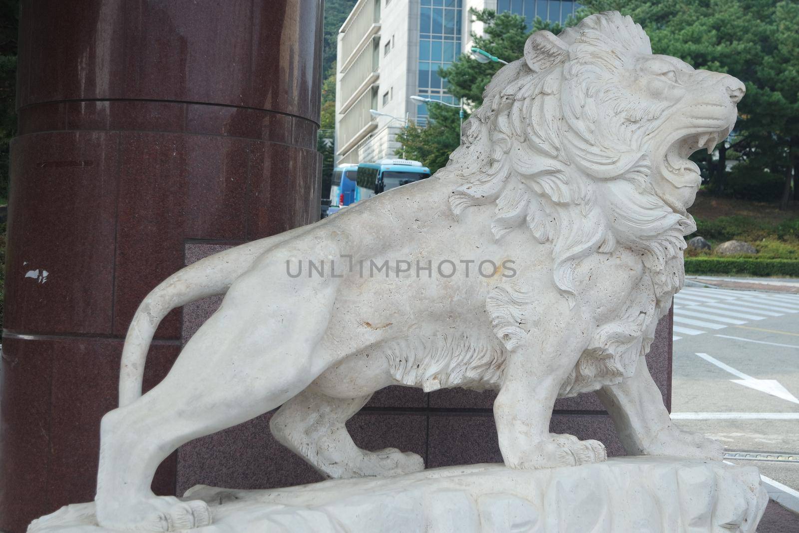 CHUNCHEON, SOUTH KOREA- October-03, 2020: White lion statue background with copy space for text