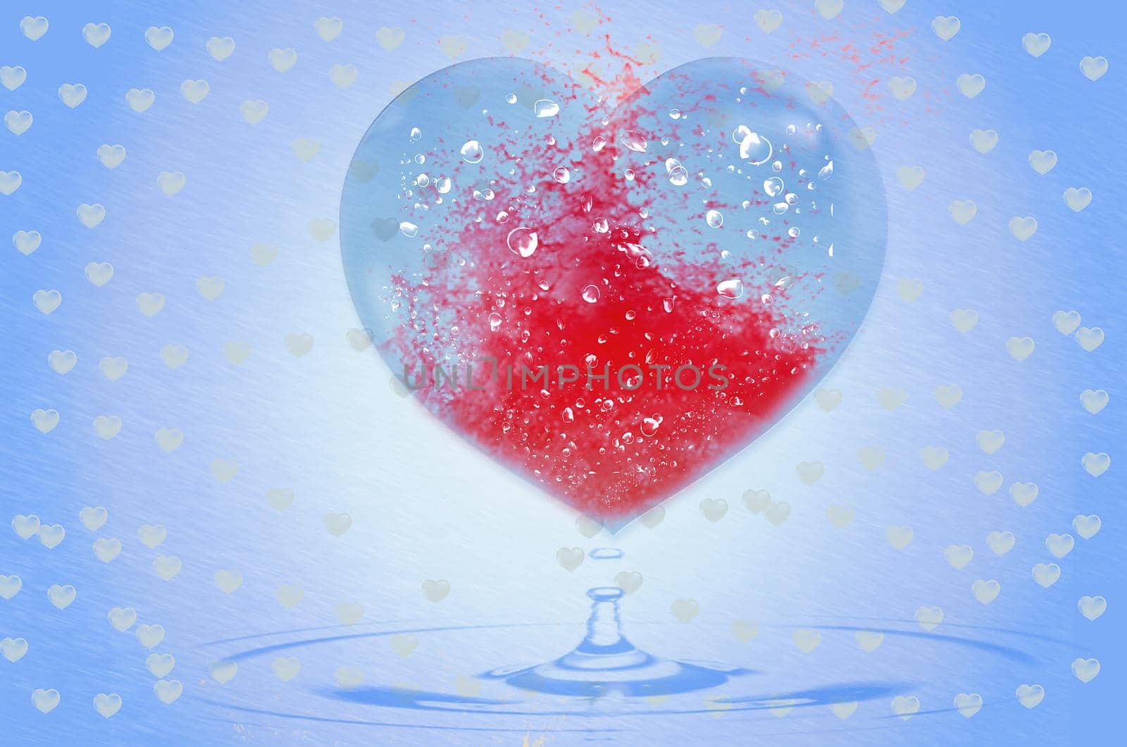 Dripping heart over the water. Blue glass heart filled with splashing red liquid on blue background. Symbol of love. Damaged or broken heart, break in relations. Stock illustration