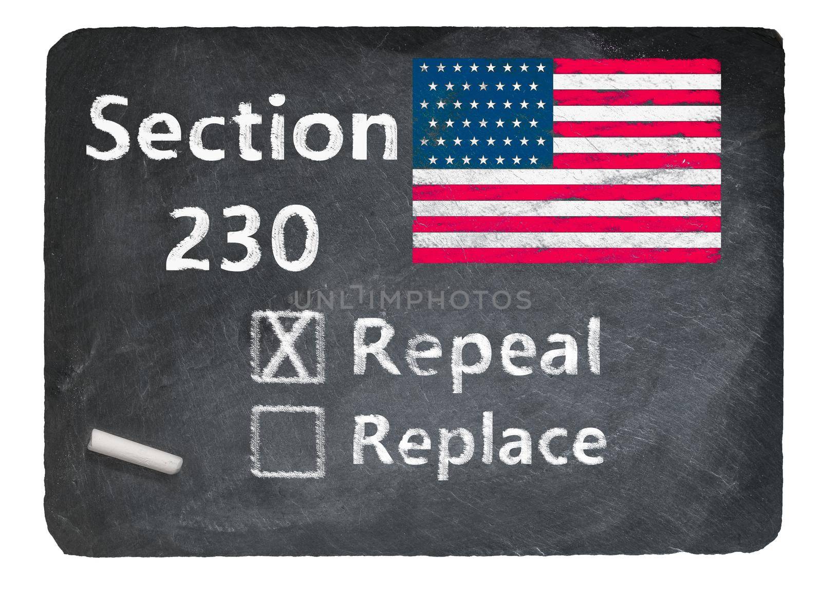 Concept of blackboard and chalk asking if Section 230 on internet companies should be repealed or replaced