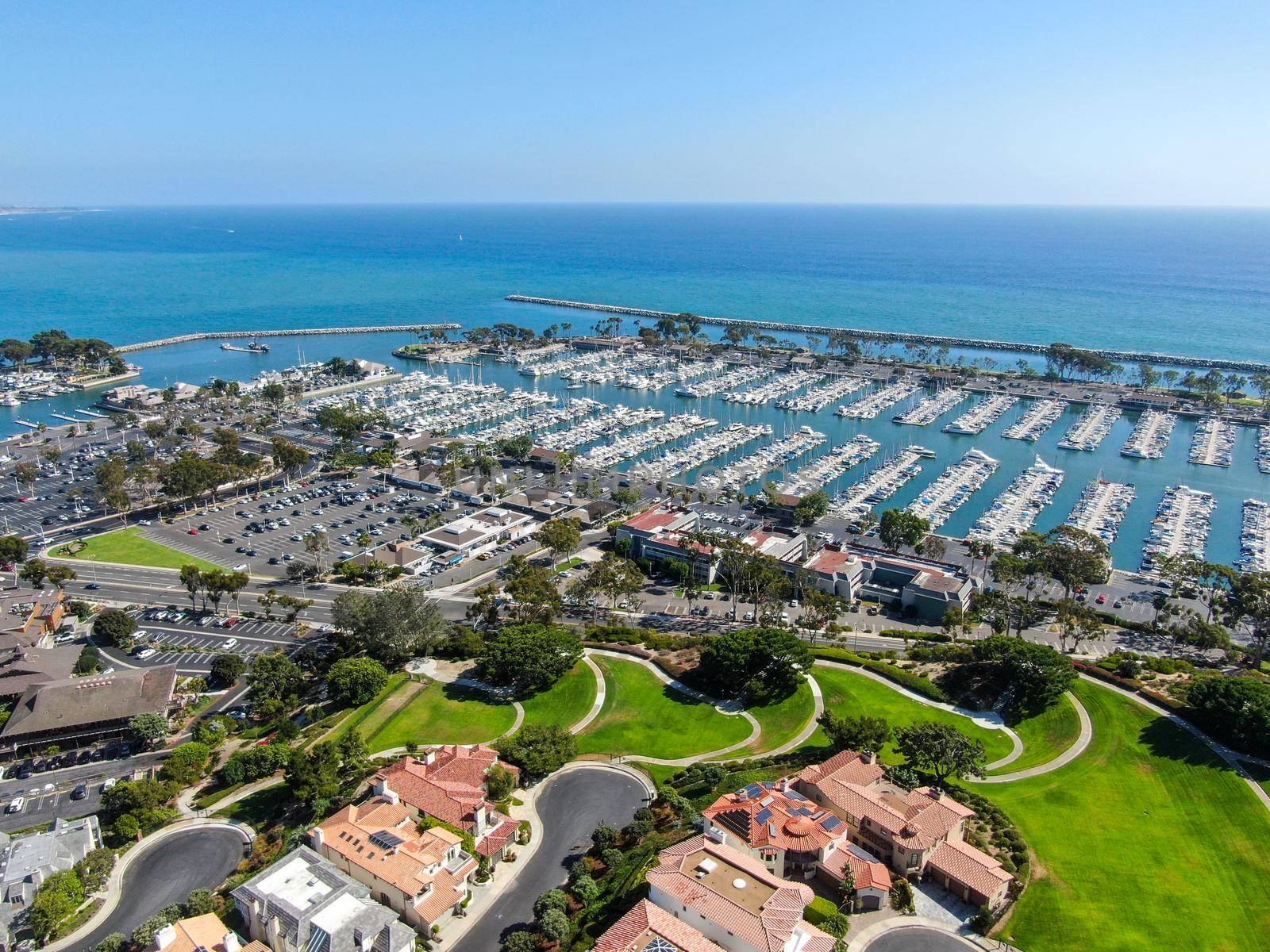 Aerial view of Dana Point Harbor town and beach. Southern Orange County, California. USA