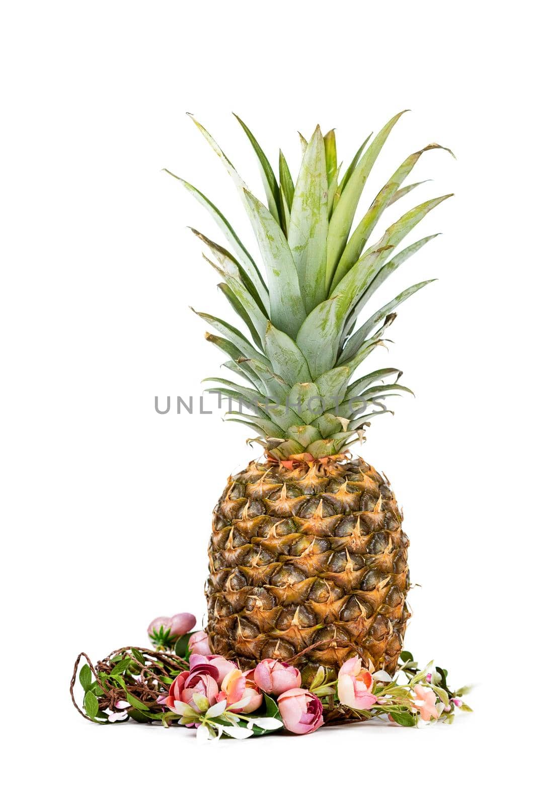 Easter composition of pineapple and flower wreath isolated on white background by galinasharapova