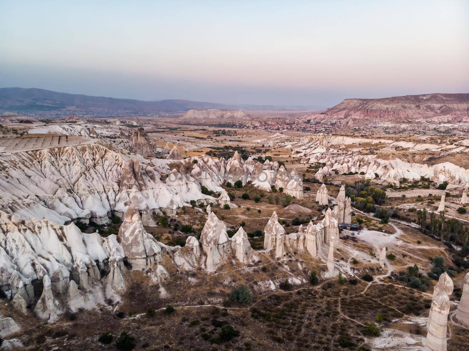 Aerial drone view of the fairy chimney landscape in Love Valley of Cappadocia in Goreme, Turkey.
