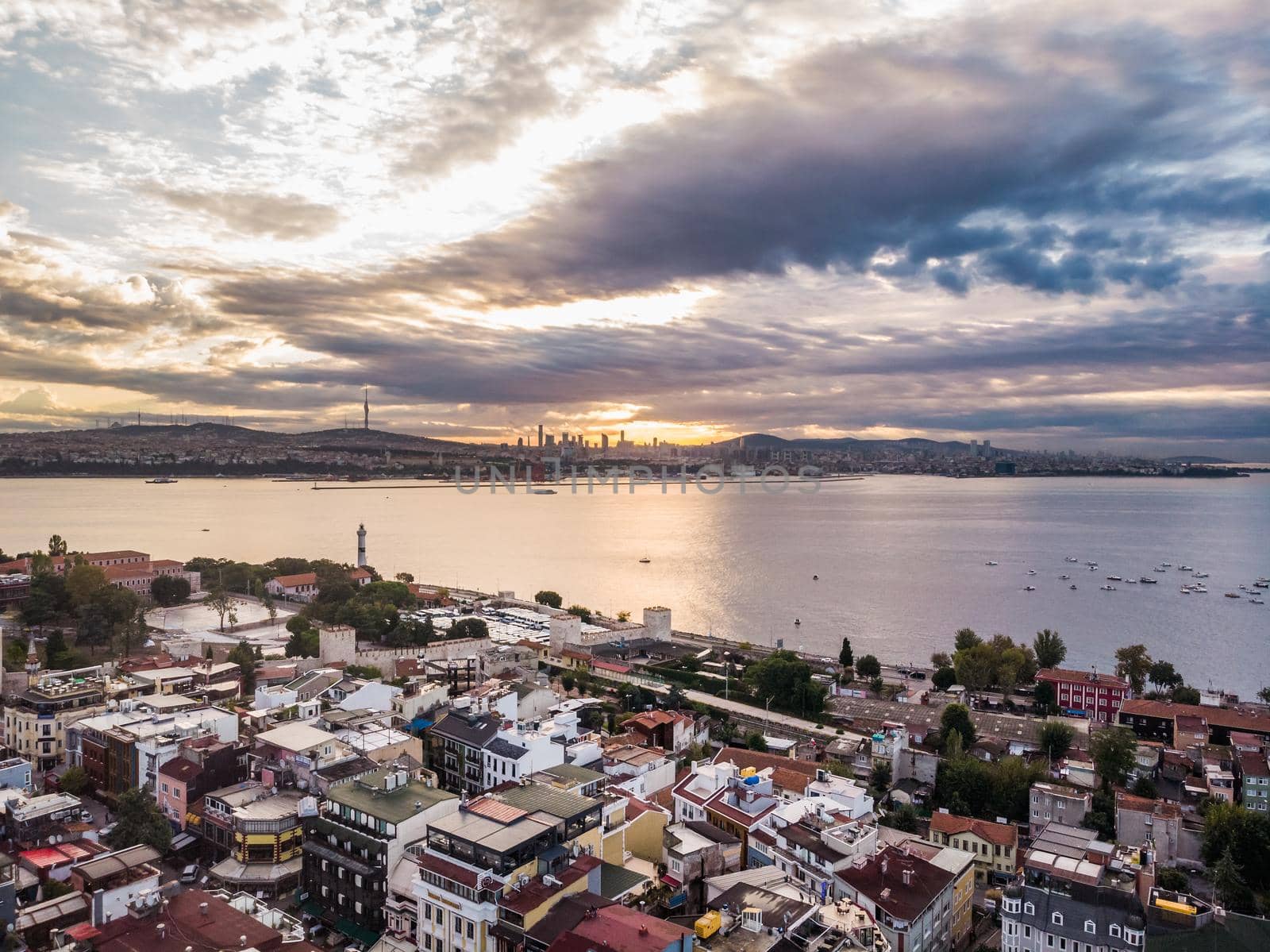 Aerial view of the sunrise with amazing clouds and Bosporus at the background.