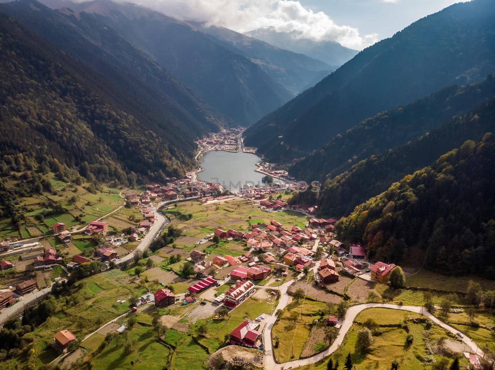 Uzungol among the most beautiful tourist places in Turkey. The mountain valley with a trout lake and a small village in Trabzon, Turkey. Popular destination for locals and tourists.